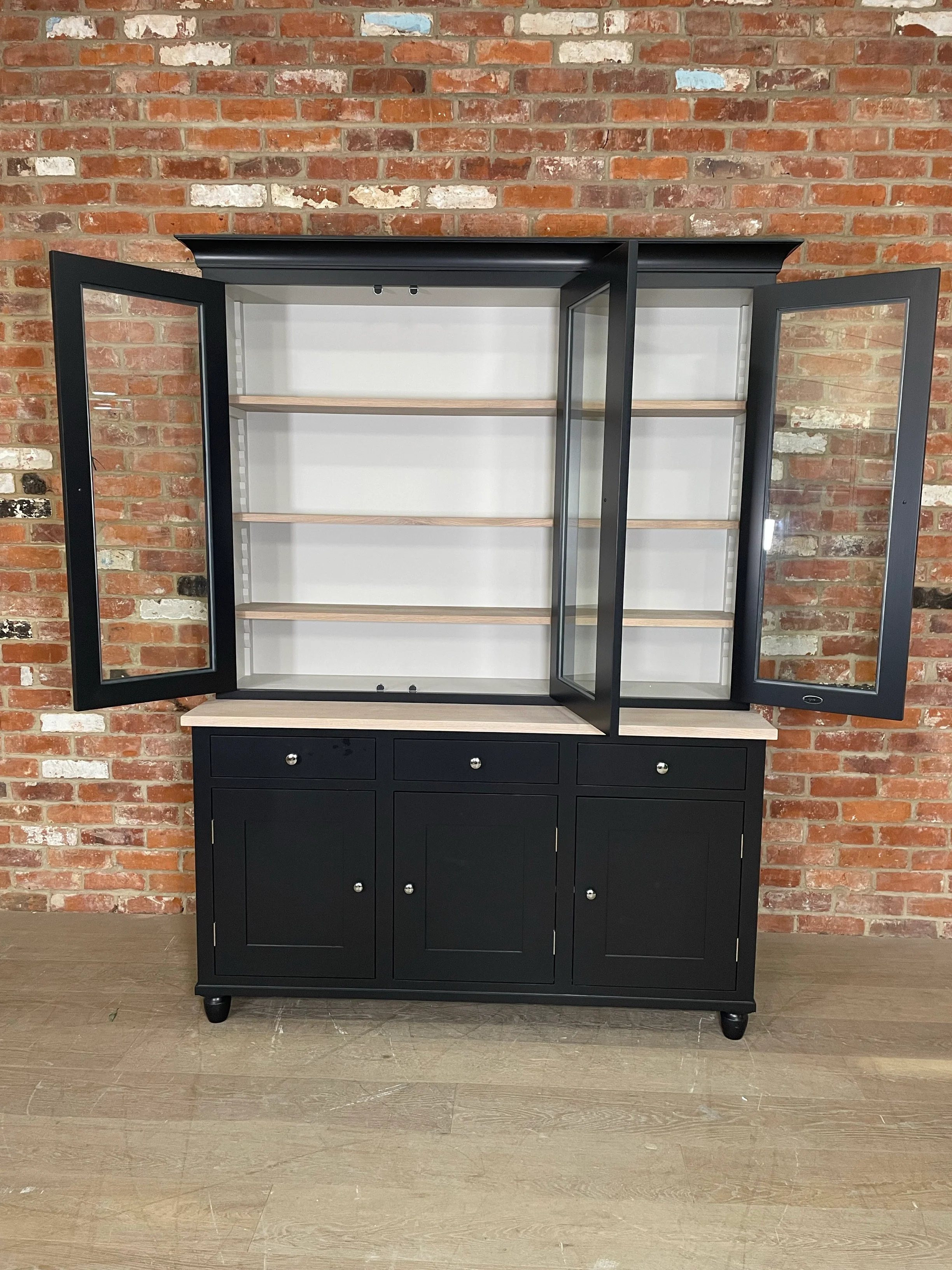 Suffolk 5ft Contemporary Glazed Dresser - Warm Black Exterior & Driftwood Interior- No Lighting - Image 3